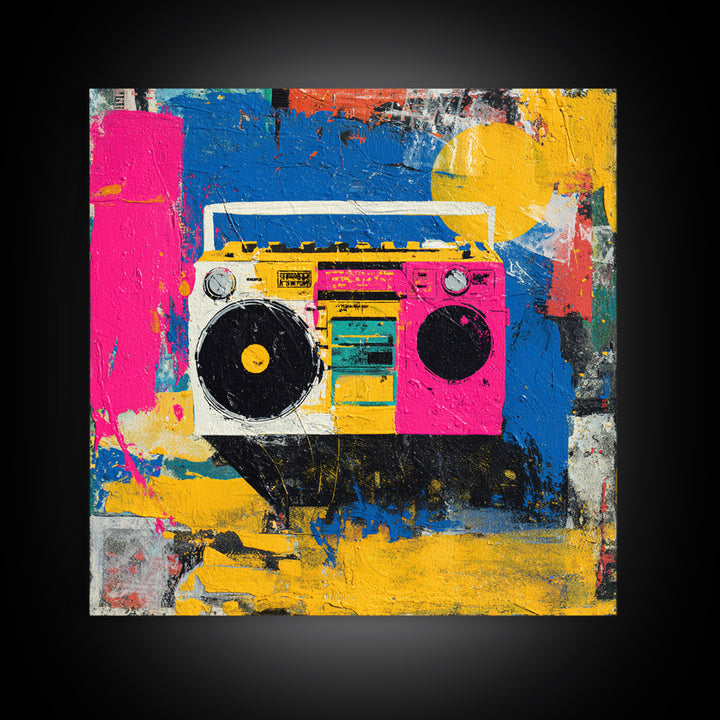 Boombox and Cassette Tape Framed Canvas Print, Graffiti Art, Gallery Decor, Living Room Decor, Fine Art, Street, Wall Art, GRF-1x1-62