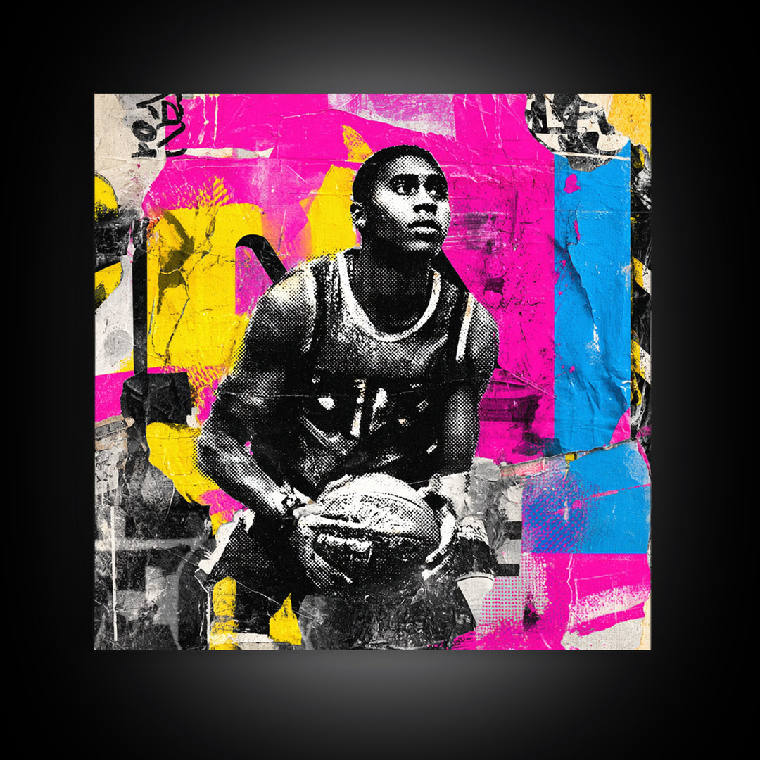 Basketball Player in Street Mural Energy Framed Canvas Print, Graffiti Art, 3d Wall Art, Living Room Decor, Fine Art, Street, GRF-1x1-68