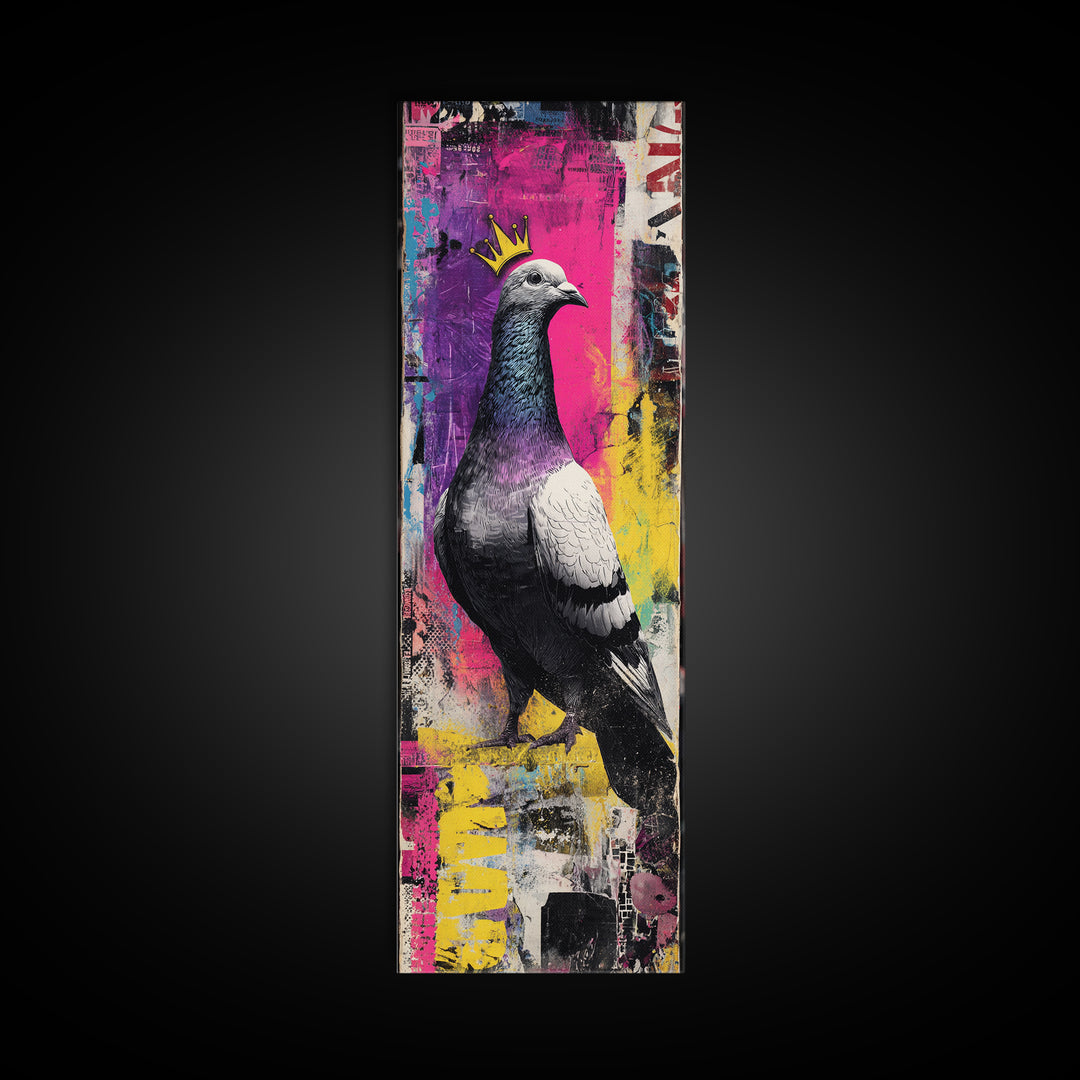 City Pigeon with Crown in Street Art Framed Canvas Print, Graffiti Art, Framed Art, Living Room Decor, Fine Art, Street, GRF-1x3-47