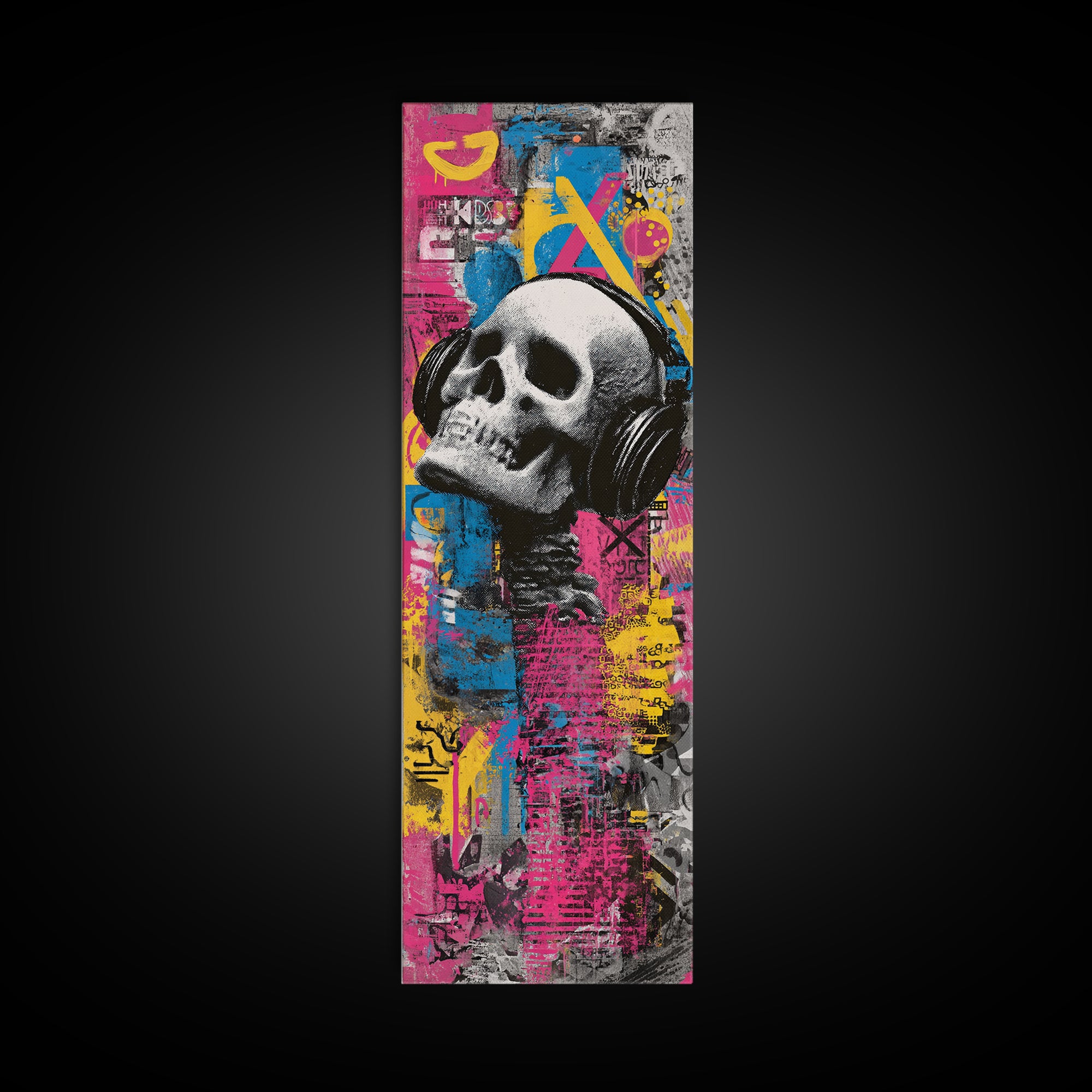 Skull and Headphones Mural Composition Canvas Print, Graffiti Art, 3d Wall Art, Living Room Decor, Street, Statement Artwork, GRF-1x3-59