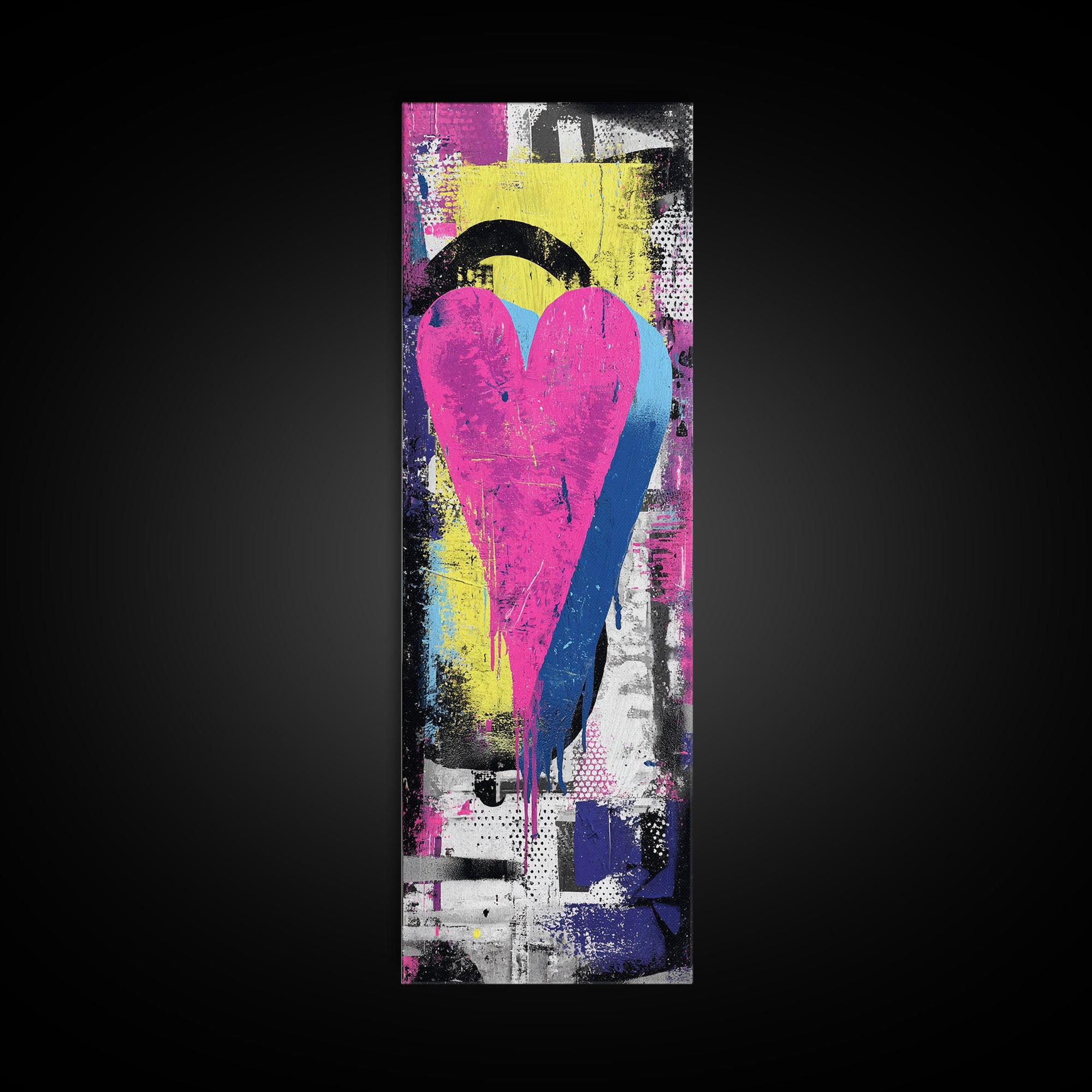 Neon Heart Painted on Cracked Concrete Texture Canvas Print, Graffiti Art, Luxury Decor, Living Room Decor, Street, GRF-1x3-66