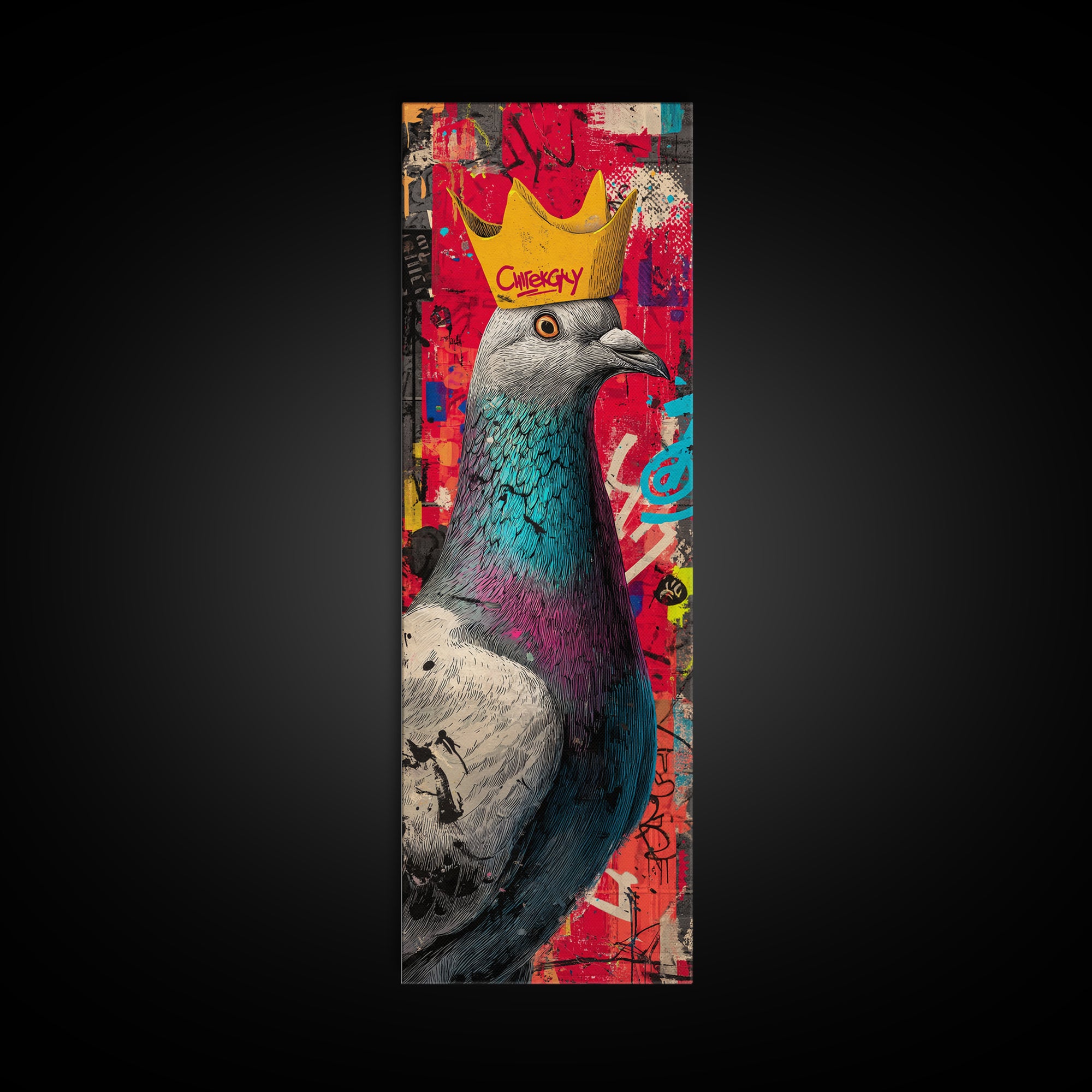 City Pigeon with Crown in Street Art Framed Canvas Print, Graffiti Art, Gallery Decor, Living Room Decor, Fine Art, Street, GRF-1x3-71