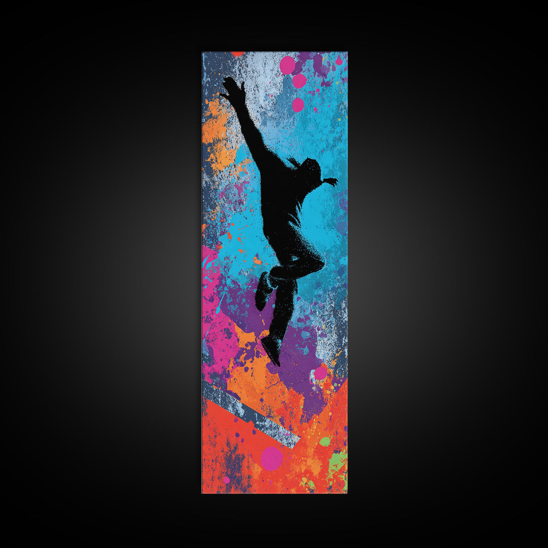 Breakdancer Silhouette over Bright Paint Splashes Canvas Print, Graffiti Art, Contemporary Art, Living Room Decor, Street, GRF-1x3-86
