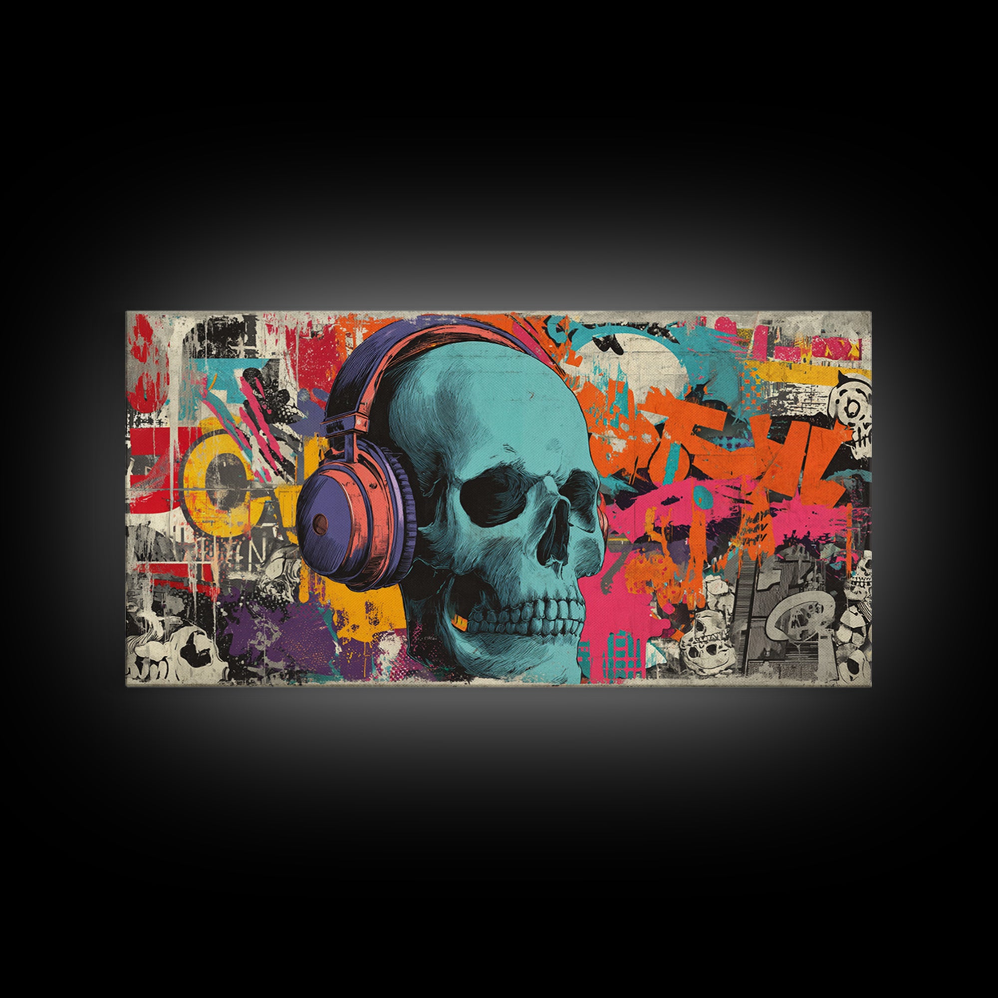 Skull and Headphones Mural Composition Framed Canvas Print, Graffiti Art, Graffiti, Living Room Decor, Fine Art, Street, GRF-2x1-19