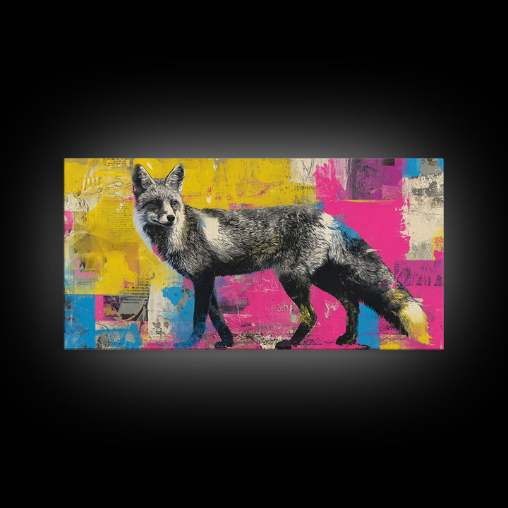 Urban Fox with Layered Sticker Collage Framed Canvas Print, Graffiti Art, Painting, Living Room Decor, Fine Art, Street, GRF-2x1-37