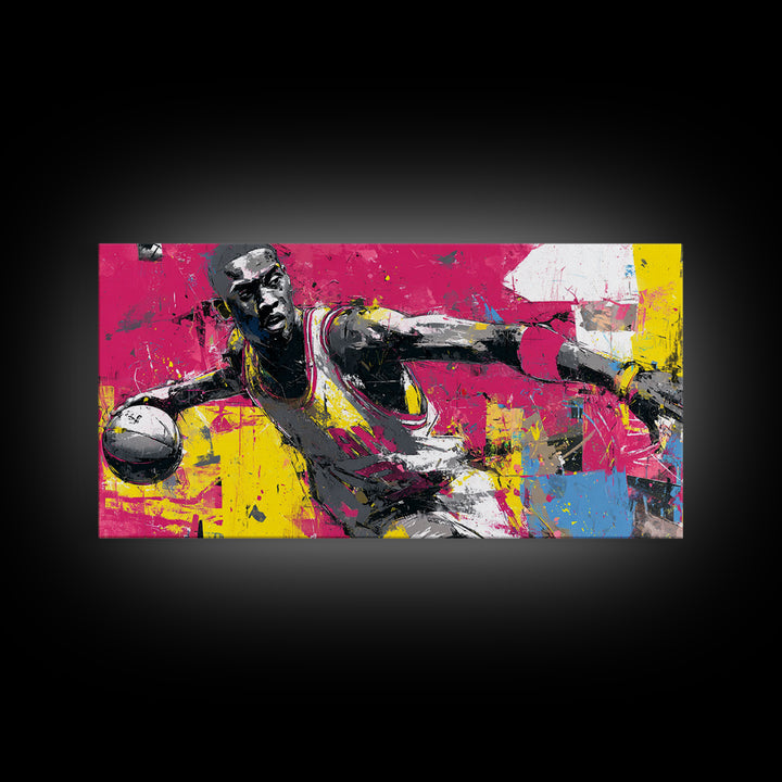 Basketball Player in Street Mural Energy Framed Canvas Print, Graffiti Art, Poster, Living Room Decor, Fine Art, Street, GRF-2x1-40