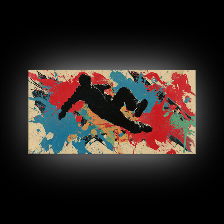 Breakdancer Silhouette over Bright Paint Splashes Framed Canvas Print, Graffiti Art, Poster, Living Room Decor, Street, GRF-2x1-46