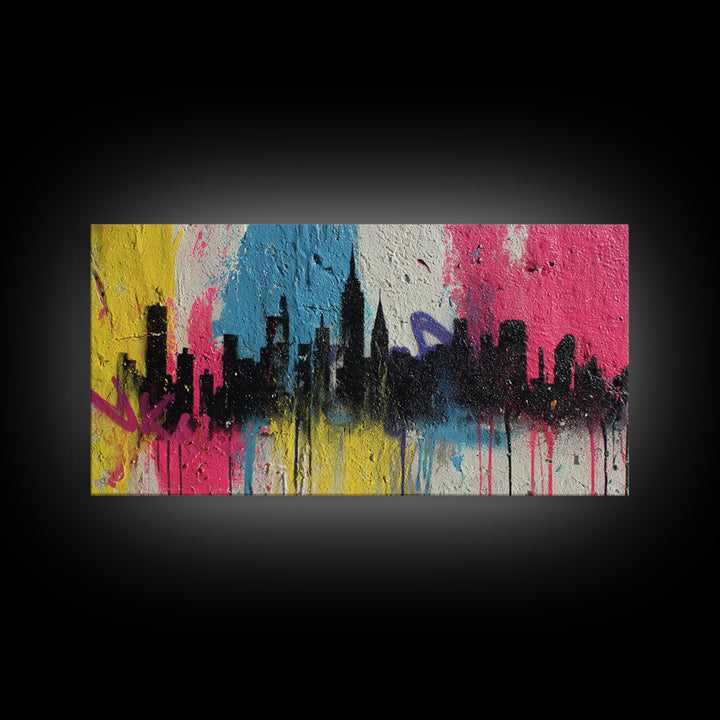 Paint Drips Forming a Skyline Silhouette Framed Canvas Print, Graffiti Art, Wall Decor, Living Room Decor, Abstract Art, Street, GRF-2x1-9