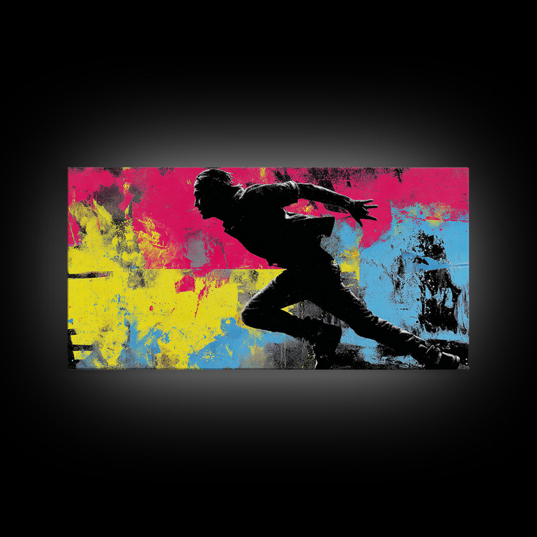 Masked Street Artist Silhouette Framed Canvas Print, Graffiti Art, Prints, Living Room Decor, Oil Painting, Street, Framed Art, GRF-2x1-90