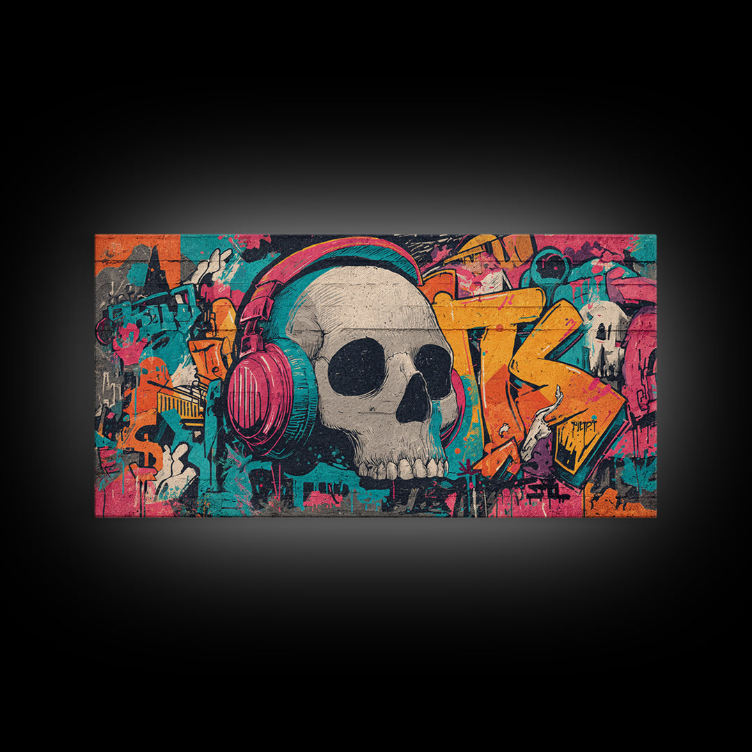 Skull and Headphones Mural Composition Framed Canvas Print, Graffiti Art, Mid Century Modern, Living Room Decor, Street, GRF-2x1-91