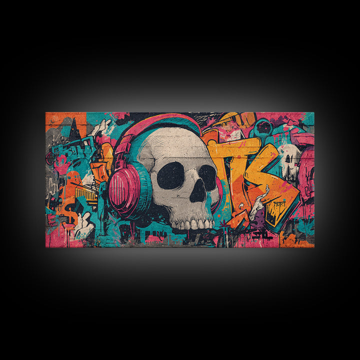 Skull and Headphones Mural Composition Framed Canvas Print, Graffiti Art, Mid Century Modern, Living Room Decor, Street, GRF-2x1-91