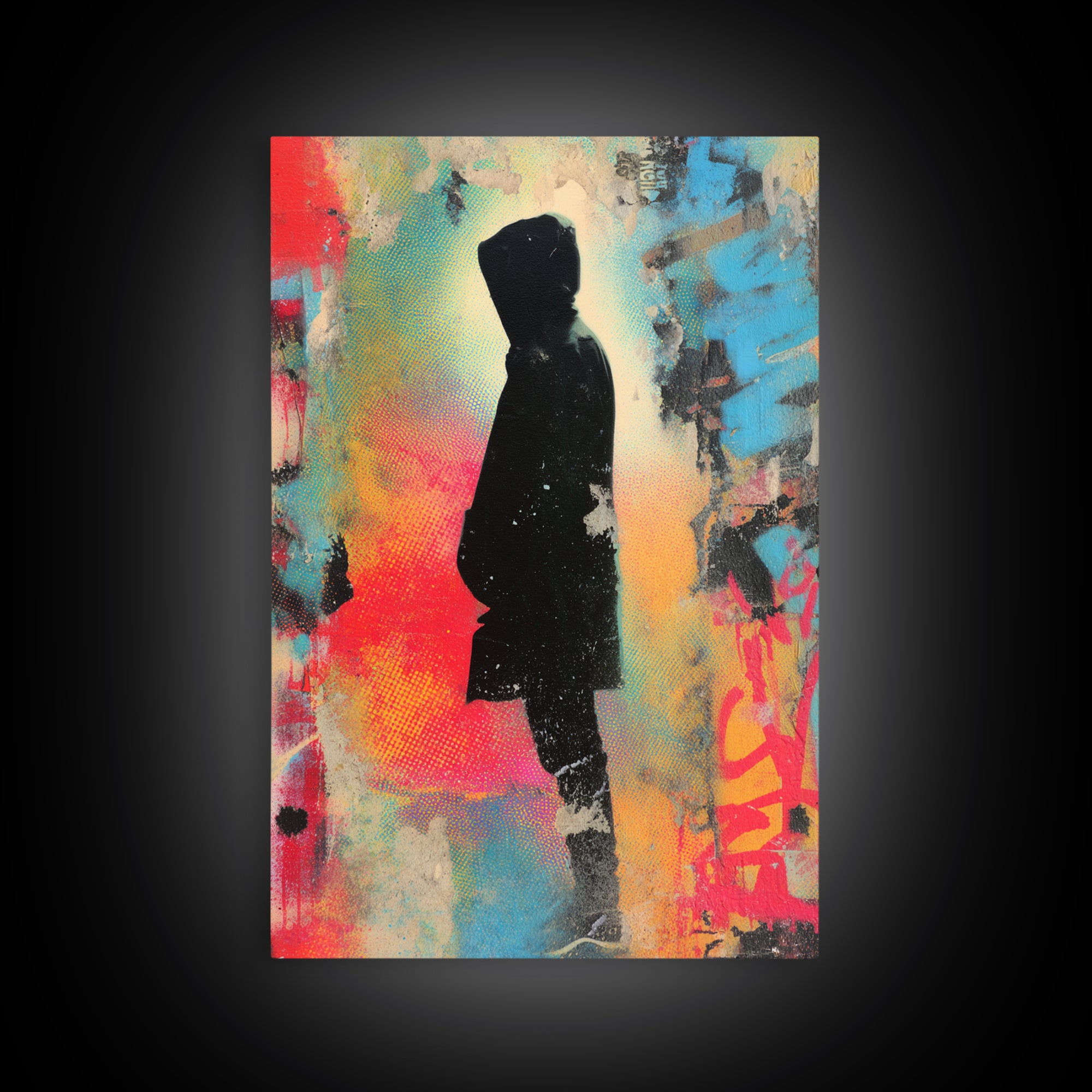 Masked Street Artist Silhouette Framed Canvas Print, Graffiti Art, Minimalist Decor, Living Room Decor, Fine Art, Street, GRF-2x3-30