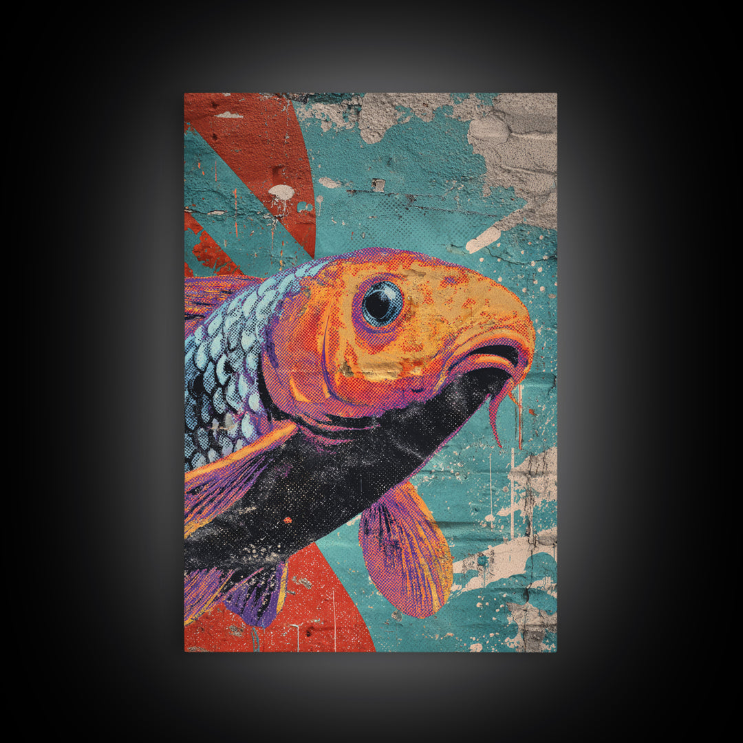 Spray Painted Koi Fish on Brick Texture Framed Canvas Print, Graffiti Art, Living Room Decor, Watercolor Art, Street, GRF-2x3-48