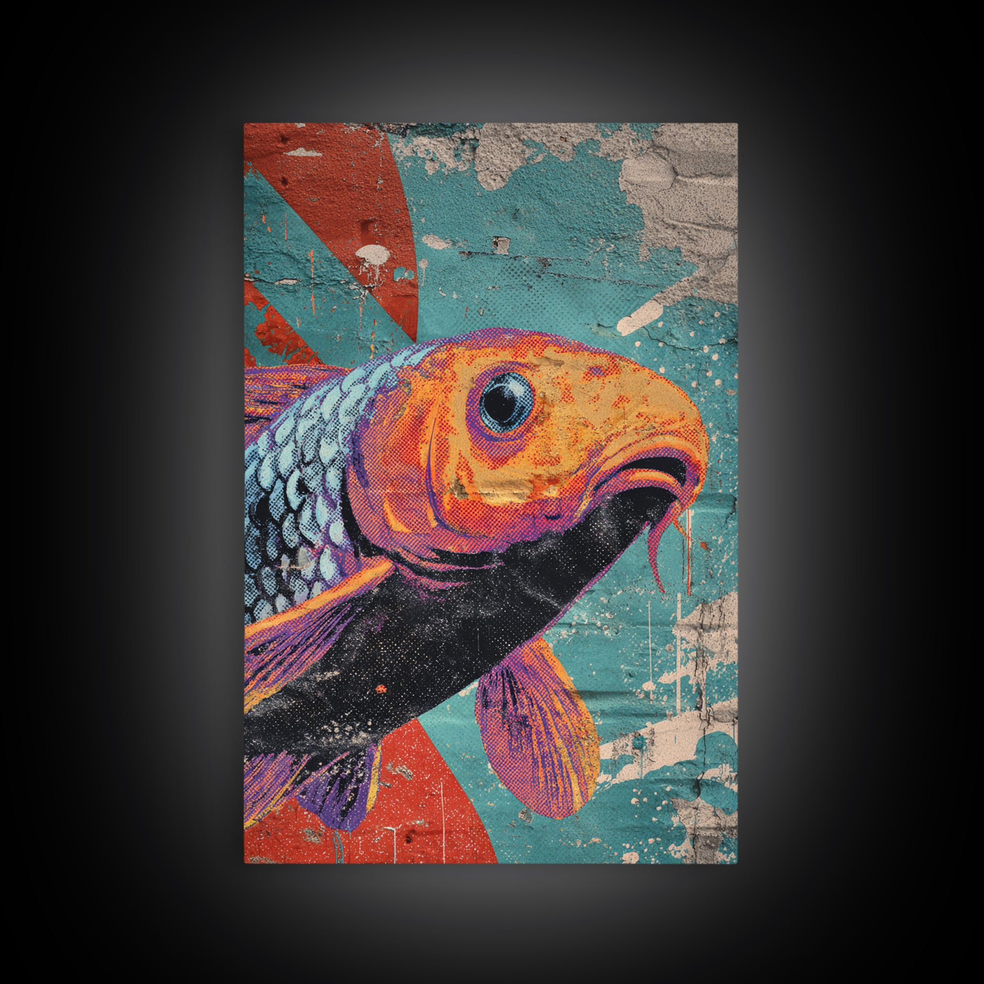 Spray Painted Koi Fish on Brick Texture Framed Canvas Print, Graffiti Art, Living Room Decor, Watercolor Art, Street, GRF-2x3-48