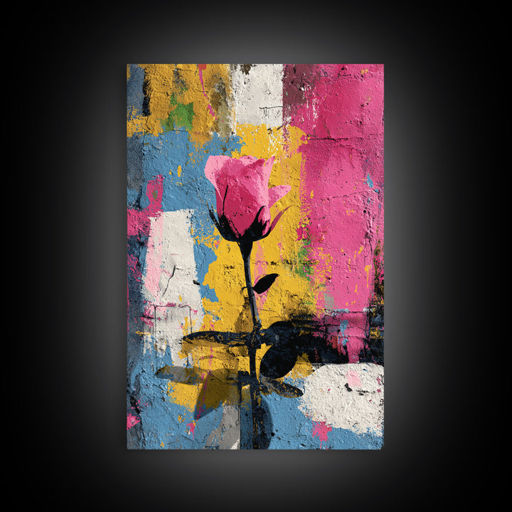 Graffiti Rose Blooming from Concrete Crack Framed Canvas Print, Graffiti Art, Original Art, Living Room Decor, Oil Painting, GRF-2x3-53