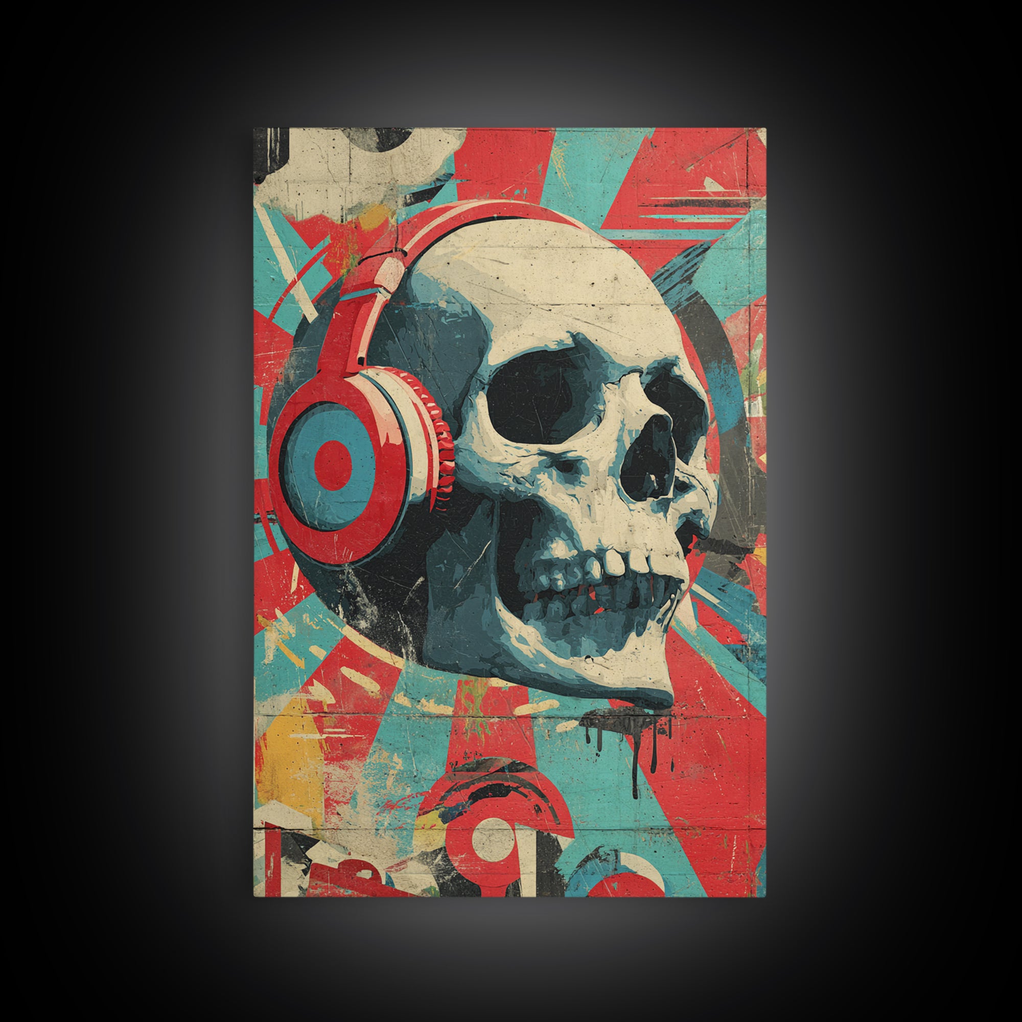 Skull and Headphones Mural Composition Framed Canvas Print, Graffiti Art, Wall Hangings, Living Room Decor, Fine Art, Street, GRF-2x3-55