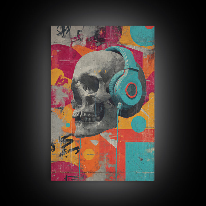 Skull and Headphones Mural Composition Canvas Print, Graffiti Art, Art Deco, Living Room Decor, Street, Wall Sculpture, GRF-2x3-79