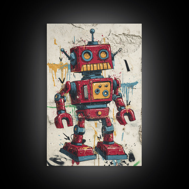 Cartoon Robot Character Framed Canvas Print, Graffiti Art, Large Wall Art, Living Room Decor, Fine Art, Street, Modern Wall Art, GRF-2x3-90