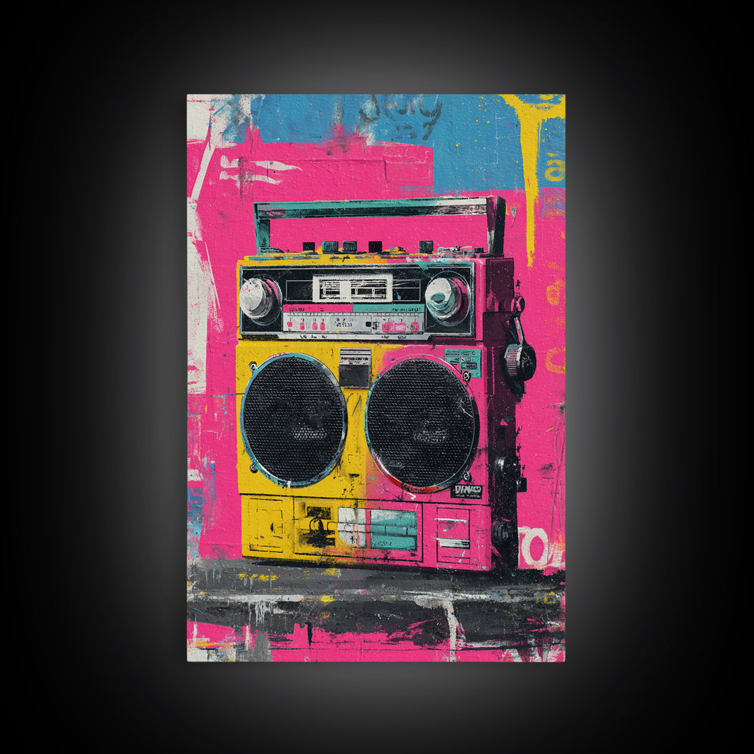 Boombox and Cassette Tape Framed Canvas Print, Graffiti Art, Art Deco, Living Room Decor, Fine Art, Street, Wall Sculpture, GRF-2x3-94