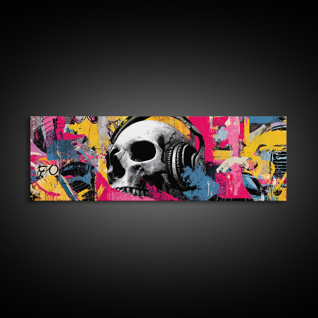 Skull and Headphones Mural Composition Framed Canvas Print, Graffiti Art, Gallery Decor, Living Room Decor, Fine Art, Street, GRF-3x1-15