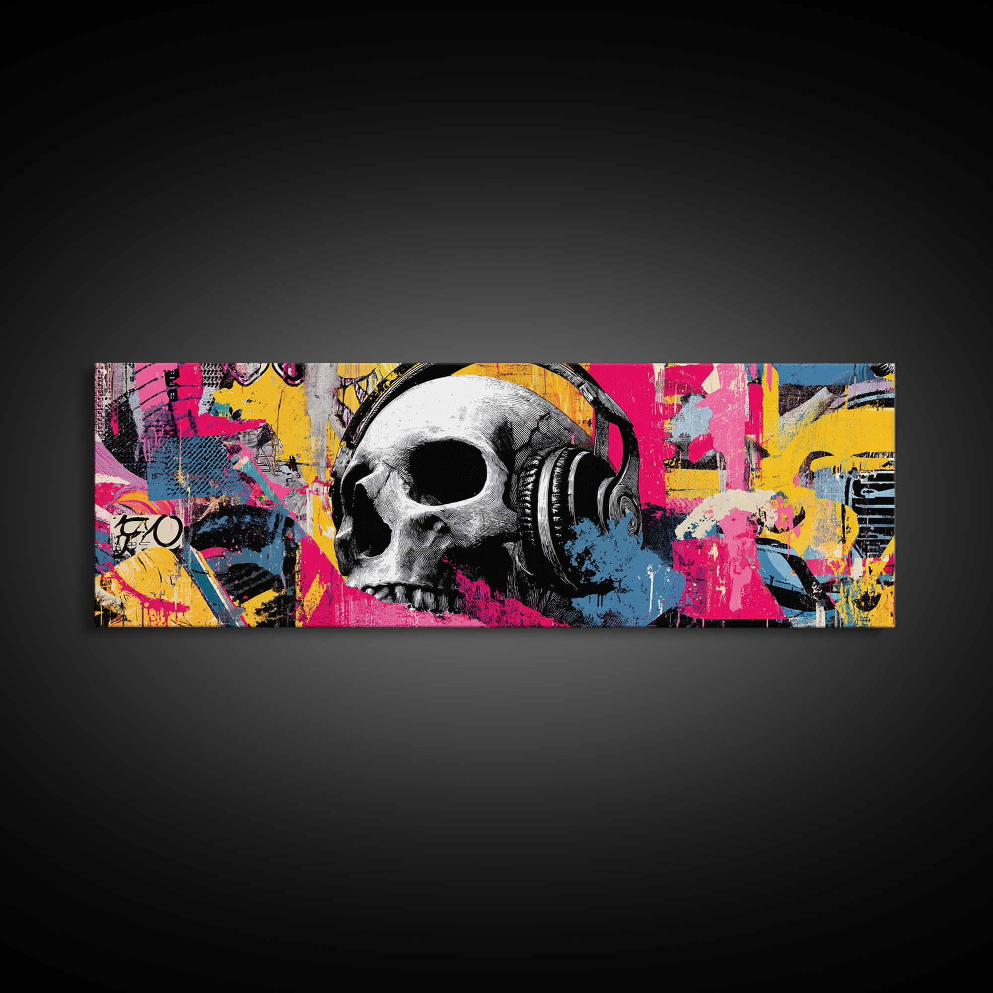 Skull and Headphones Mural Composition Framed Canvas Print, Graffiti Art, Gallery Decor, Living Room Decor, Fine Art, Street, GRF-3x1-15
