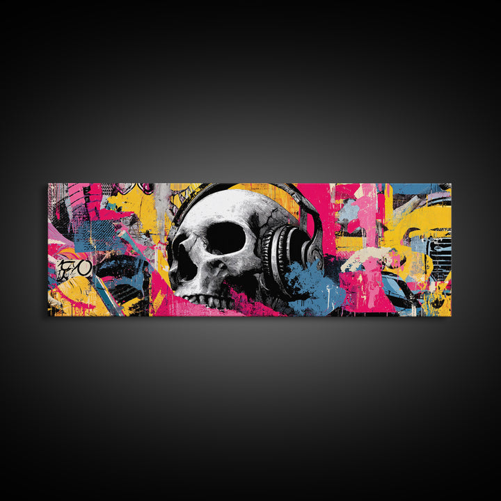 Skull and Headphones Mural Composition Framed Canvas Print, Graffiti Art, Gallery Decor, Living Room Decor, Fine Art, Street, GRF-3x1-15