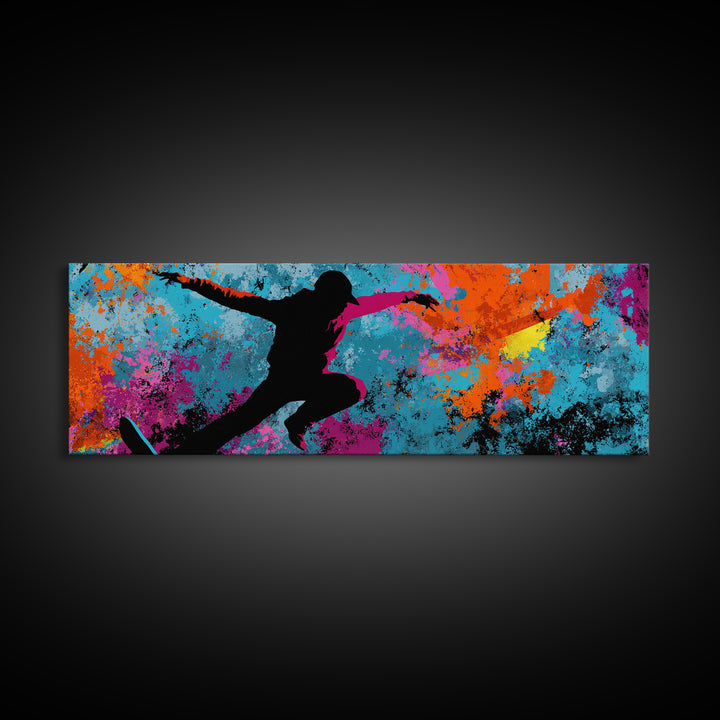 Breakdancer Silhouette over Bright Paint Splashes Canvas Print, Graffiti Art, Framed Art, Living Room Decor, Fine Art, Street, GRF-3x1-42