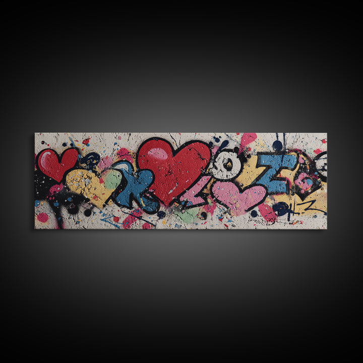 Neon Heart Painted on Cracked Concrete Texture Canvas Print, Graffiti Art, Digital Print, Living Room Decor, Fine Art, Street, GRF-3x1-46