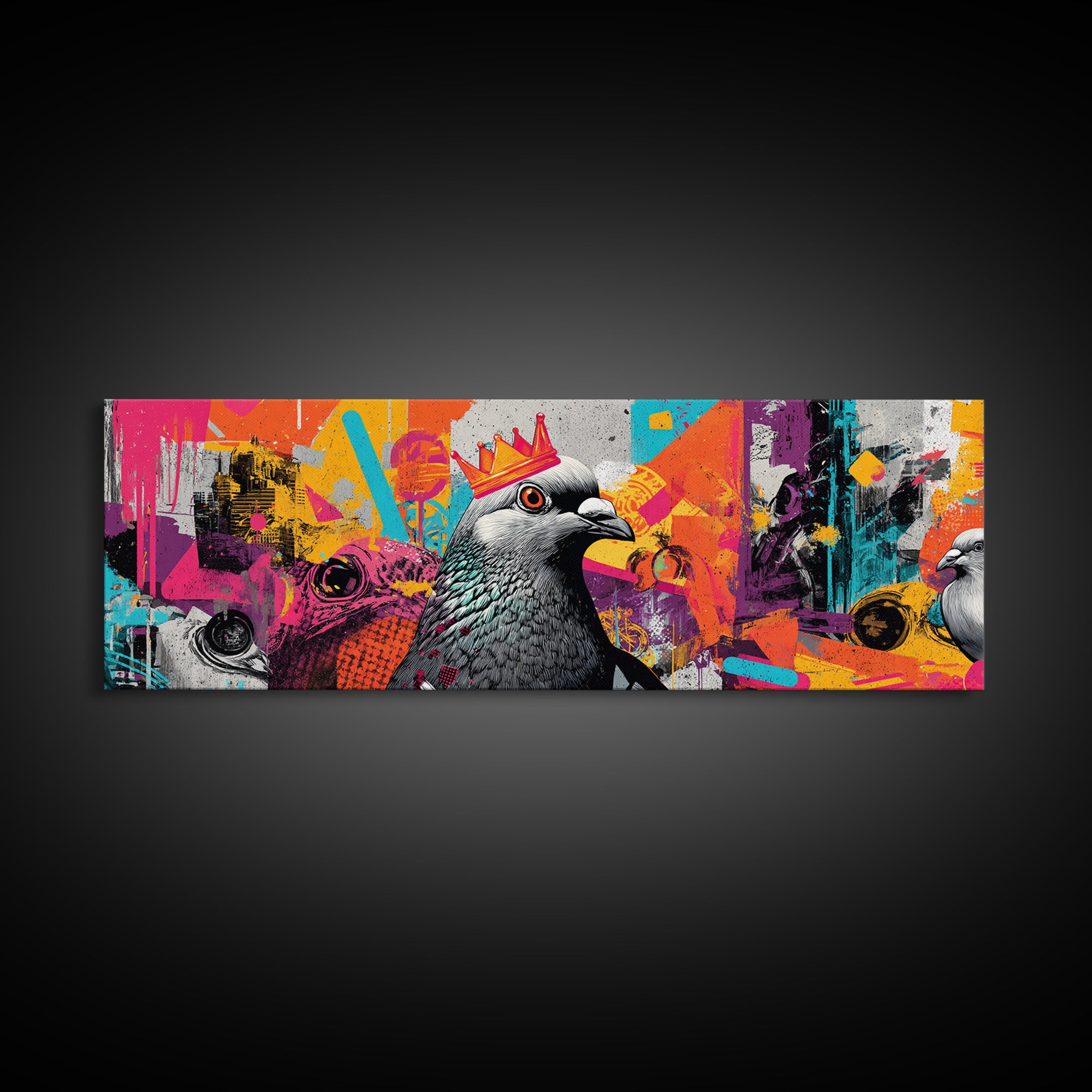 City Pigeon with Crown in Street Art Framed Canvas Print, Graffiti Art, Wall Hangings, Living Room Decor, Fine Art, Street, GRF-3x1-51
