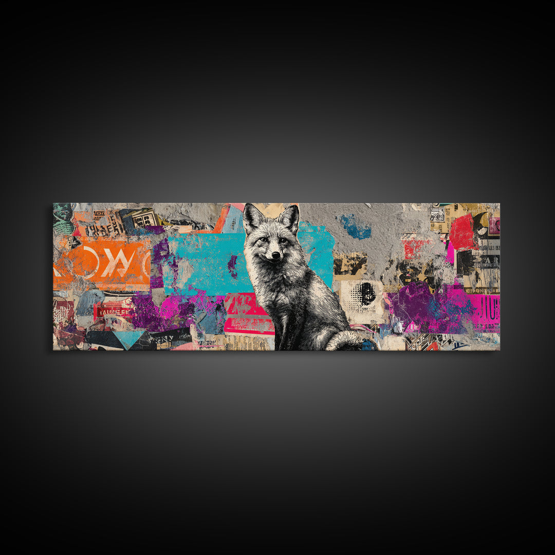 Urban Fox with Layered Sticker Collage Framed Canvas Print, Graffiti Art, Graffiti, Living Room Decor, Fine Art, Street, GRF-3x1-57