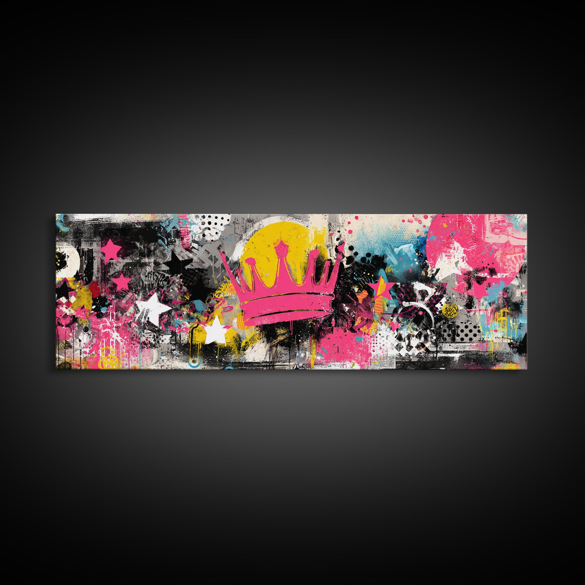 Abstract Crown and Stars Framed Canvas Print, Graffiti Art, Wall Decor, Living Room Decor, Abstract Art, Street, Canvas Art, GRF-3x1-59