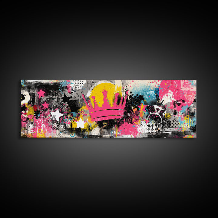 Abstract Crown and Stars Framed Canvas Print, Graffiti Art, Wall Decor, Living Room Decor, Abstract Art, Street, Canvas Art, GRF-3x1-59