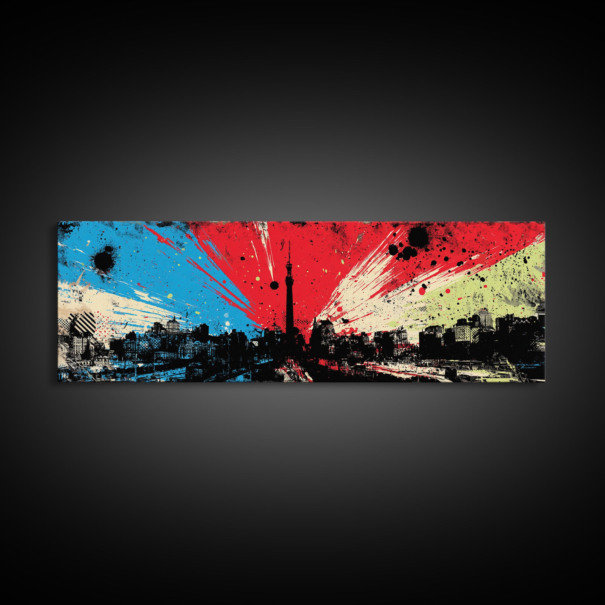 Paint Drips Forming a Skyline Silhouette Framed Canvas Print, Graffiti Art, Boho Wall Decor, Living Room Decor, Street, GRF-3x1-77