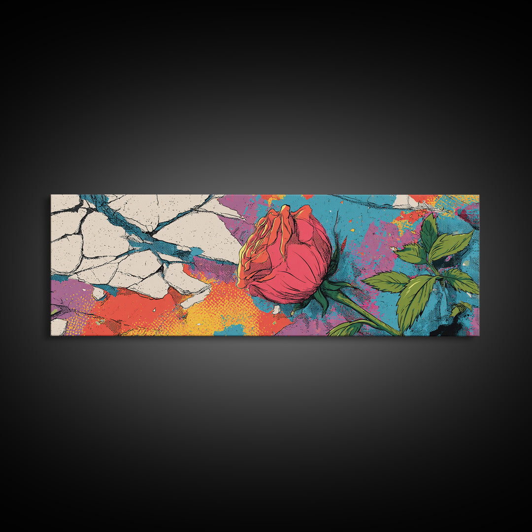 Graffiti Rose Blooming from Concrete Crack Canvas Print, Graffiti Art, Canvas Print, Living Room Decor, Oil Painting, Street, GRF-3x1-85
