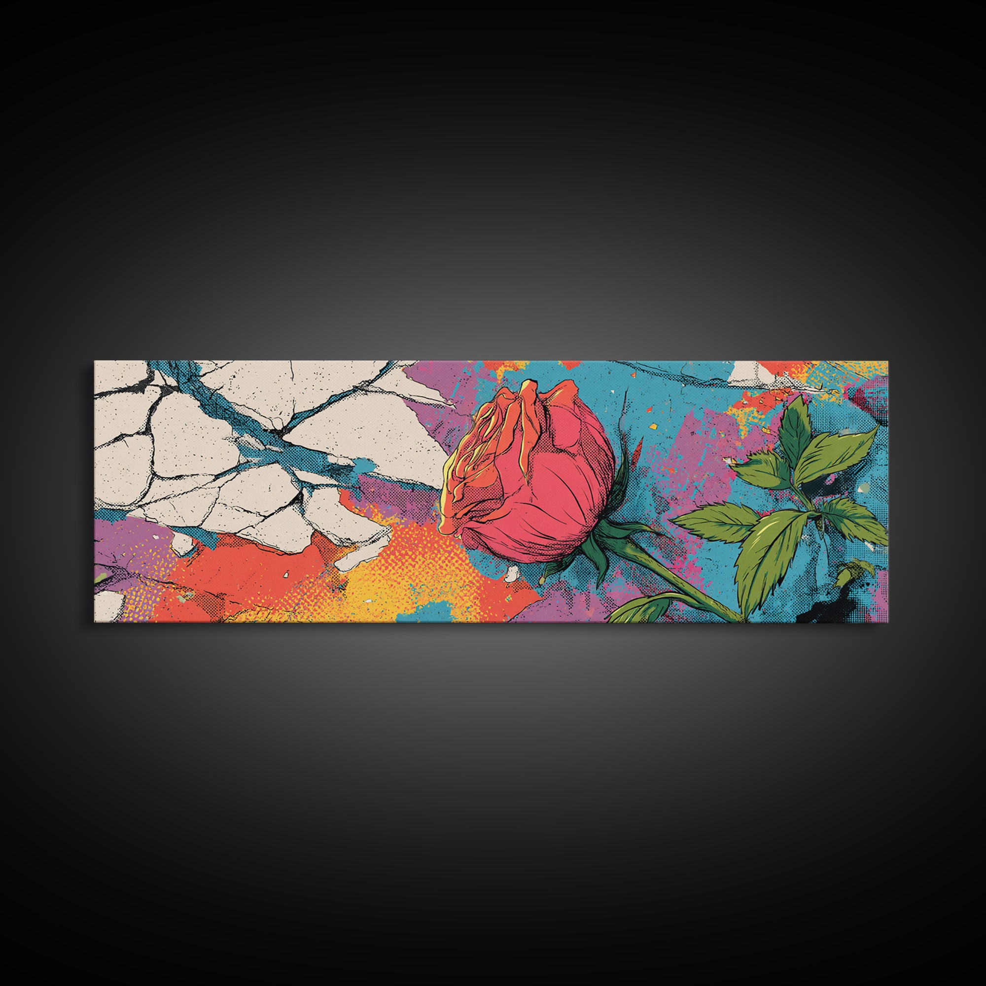 Graffiti Rose Blooming from Concrete Crack Canvas Print, Graffiti Art, Canvas Print, Living Room Decor, Oil Painting, Street, GRF-3x1-85