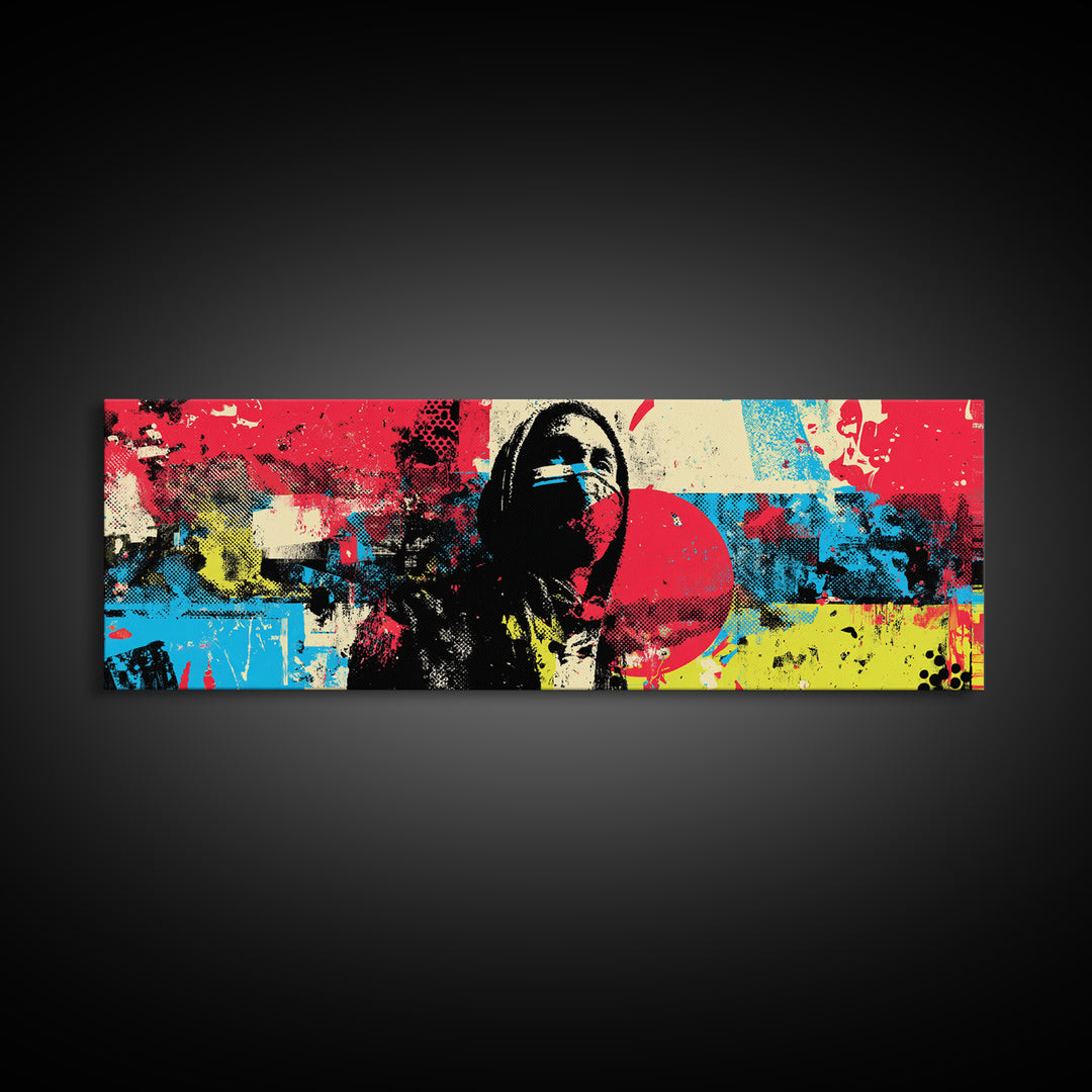 Masked Street Artist Silhouette Canvas Print, Graffiti Art, Canvas Wall Art, Living Room Decor, Watercolor Art, Street, GRF-3x1-86