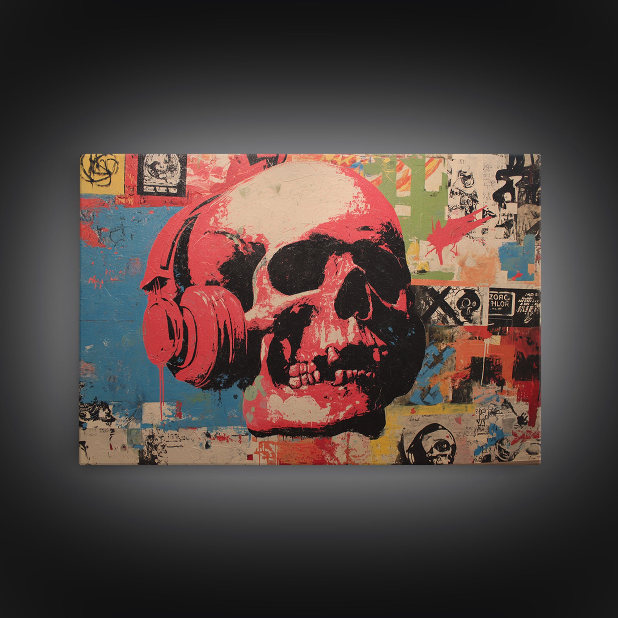 Skull and Headphones Mural Composition Framed Canvas Print, Graffiti Art, Gallery Decor, Living Room Decor, Fine Art, Street, GRF-3x2-27