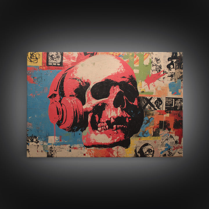 Skull and Headphones Mural Composition Framed Canvas Print, Graffiti Art, Gallery Decor, Living Room Decor, Fine Art, Street, GRF-3x2-27