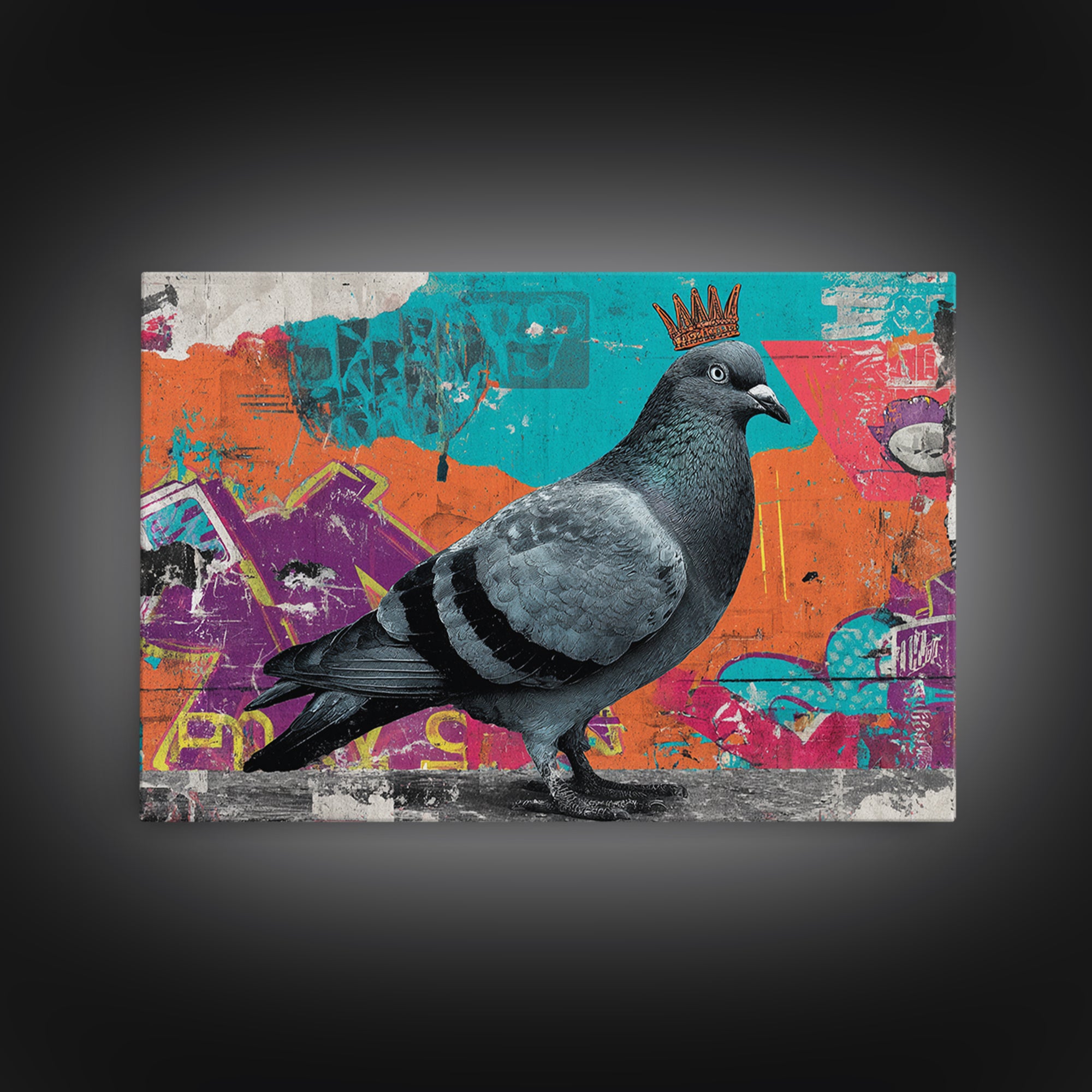 City Pigeon with Crown in Street Art Framed Canvas Print, Graffiti Art, Contemporary Art, Living Room Decor, Fine Art, Street, GRF-3x2-39