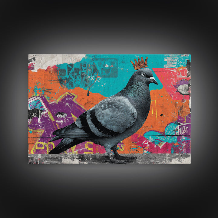 City Pigeon with Crown in Street Art Framed Canvas Print, Graffiti Art, Contemporary Art, Living Room Decor, Fine Art, Street, GRF-3x2-39