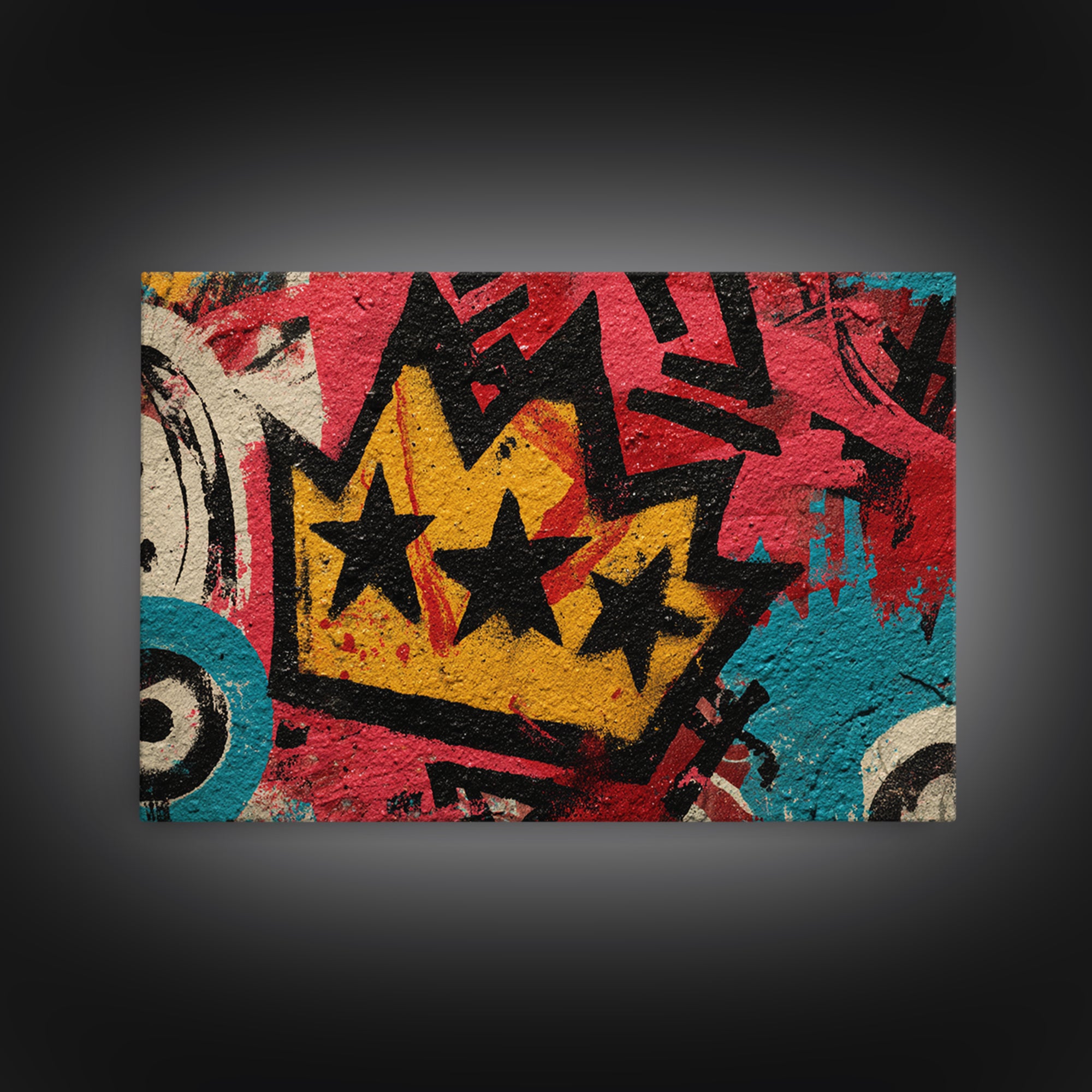Abstract Crown and Stars Framed Canvas Print, Graffiti Art, Above Bed Decor, Living Room Decor, Abstract Art, Street, GRF-3x2-71