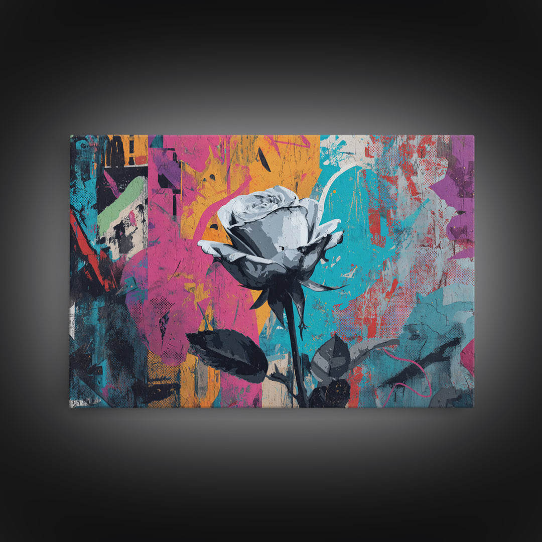 Graffiti Rose Blooming from Concrete Crack Canvas Print, Graffiti Art, Neutral Decor, Living Room Decor, Fine Art, Street, GRF-3x2-73