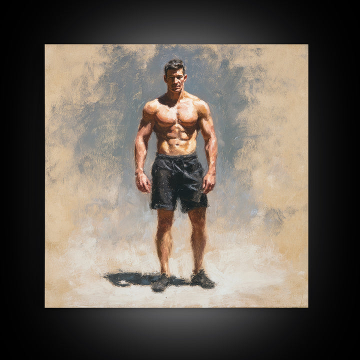Bodybuilder Pose Rendered Framed Canvas Print, Gym Art, Living Room Decor, Gym Decor, Oil Painting, Strength, Sports Poster, GYM-1x1-28