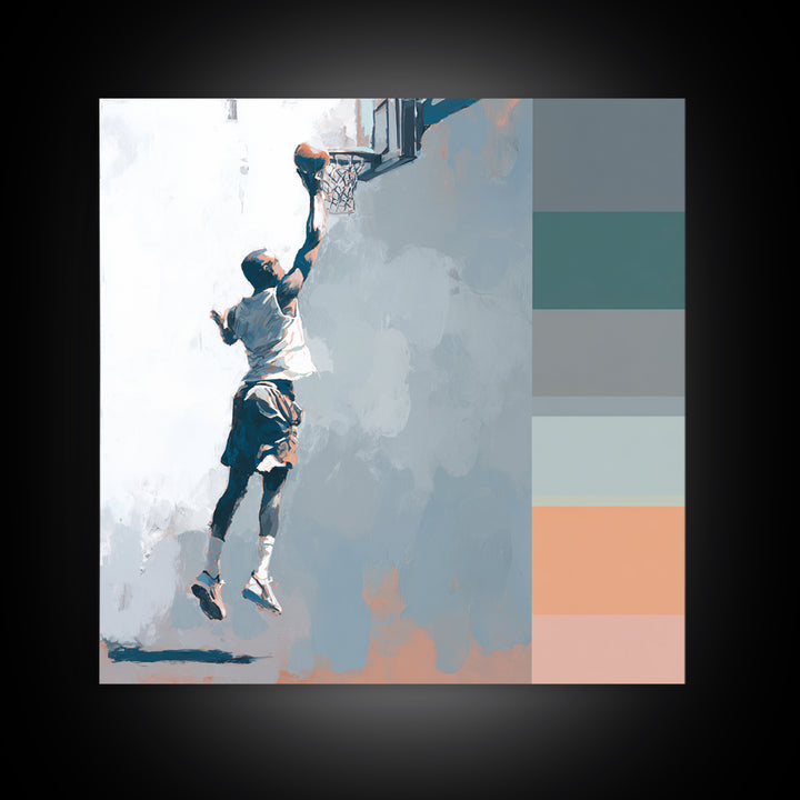 Basketball Player Dunking Through Bold Color Canvas Print, Gym Art, Speakeasy Art, Gym Decor, Oil Painting, Strength, GYM-1x1-30
