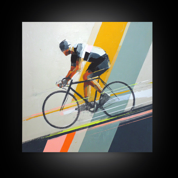 Cyclist Racing Through Neon Speed Lines Framed Canvas Print, Gym Art, Gallery Decor, Gym Decor, Fine Art, Strength, Wall Art, GYM-1x1-38