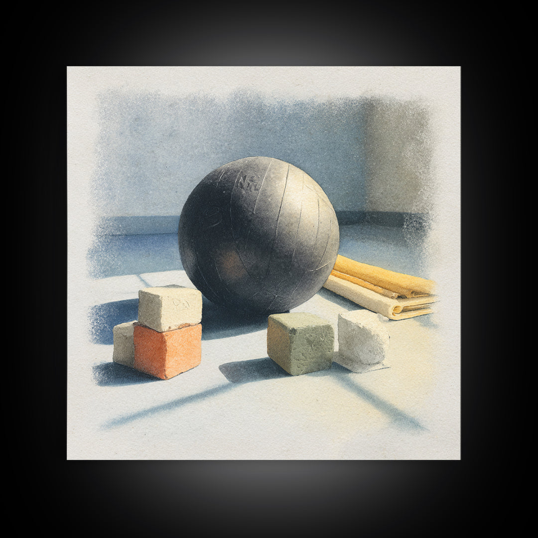 Medicine Ball and Chalk Still Life Framed Canvas Print, Gym Art, Wall Decoration, Gym Decor, Fine Art, Strength, Speakeasy Art, GYM-1x1-47
