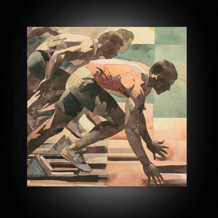 Sprinter Exploding from Starting Blocks Framed Canvas Print, Gym Art, Speakeasy Art, Gym Decor, Oil Painting, Strength, GYM-1x1-51