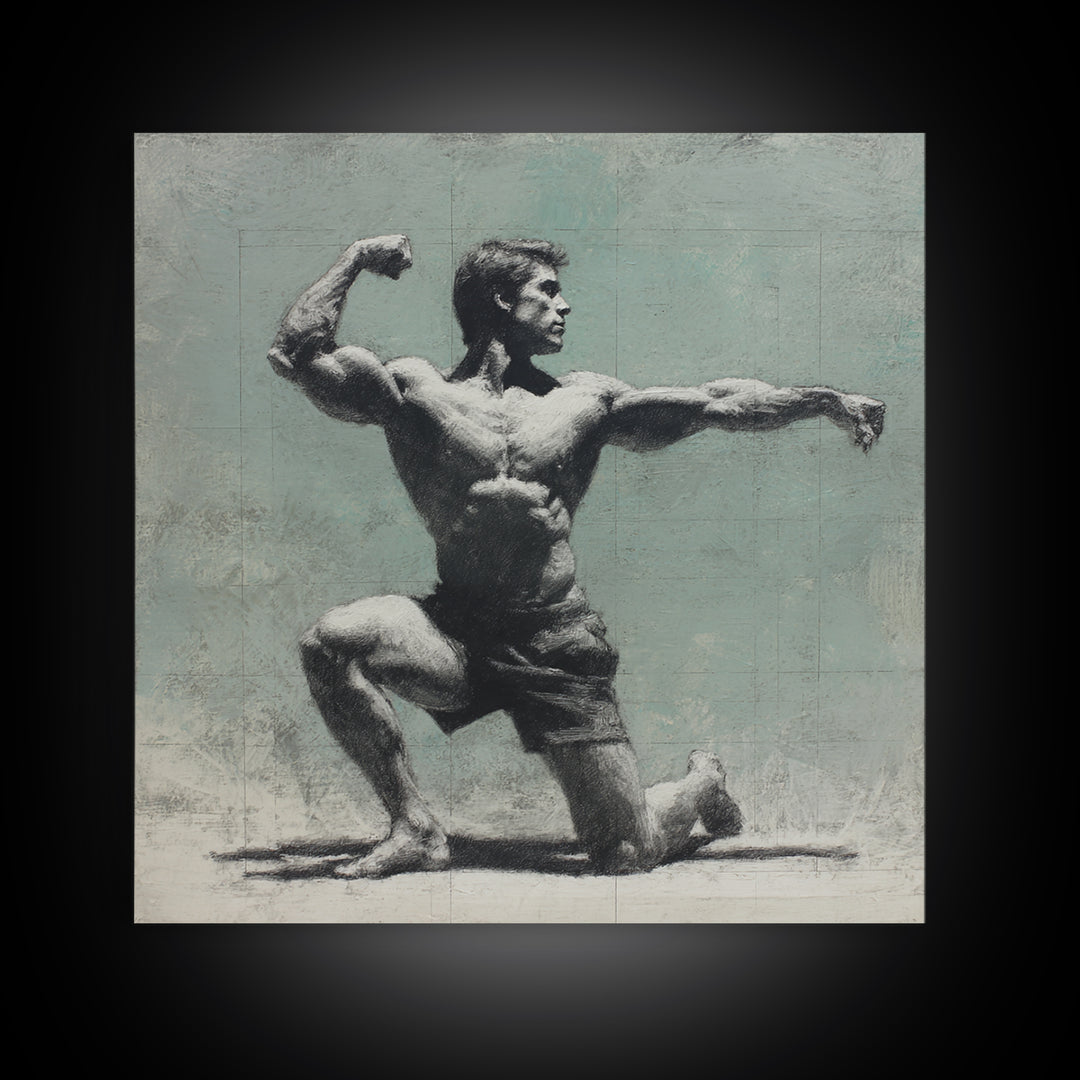 Bodybuilder Pose Rendered Framed Canvas Print, Gym Art, Cool Posters, Gym Decor, Strength, Gallery Decor, Neutral Decor, GYM-1x1-52