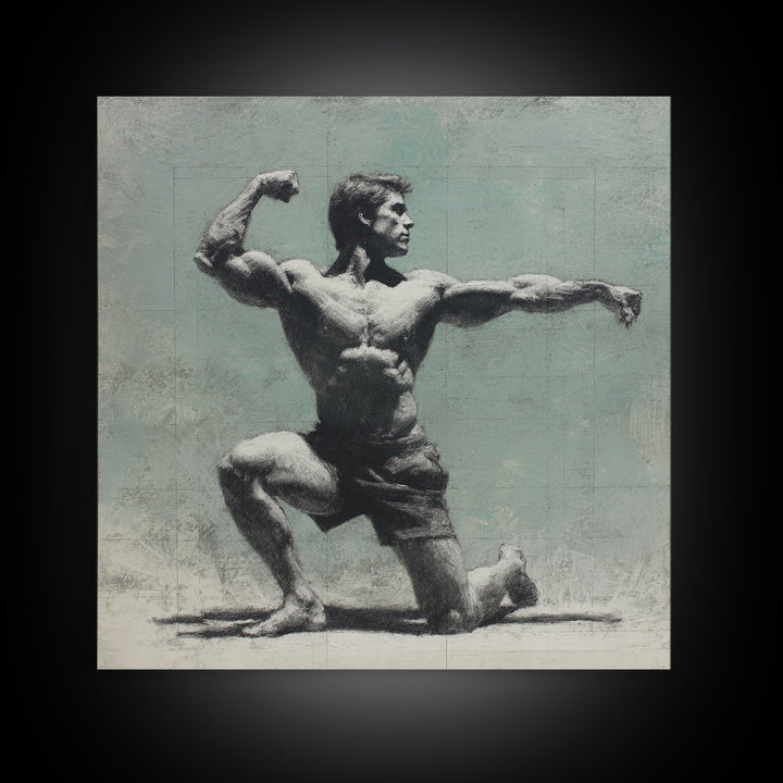 Bodybuilder Pose Rendered Framed Canvas Print, Gym Art, Cool Posters, Gym Decor, Strength, Gallery Decor, Neutral Decor, GYM-1x1-52