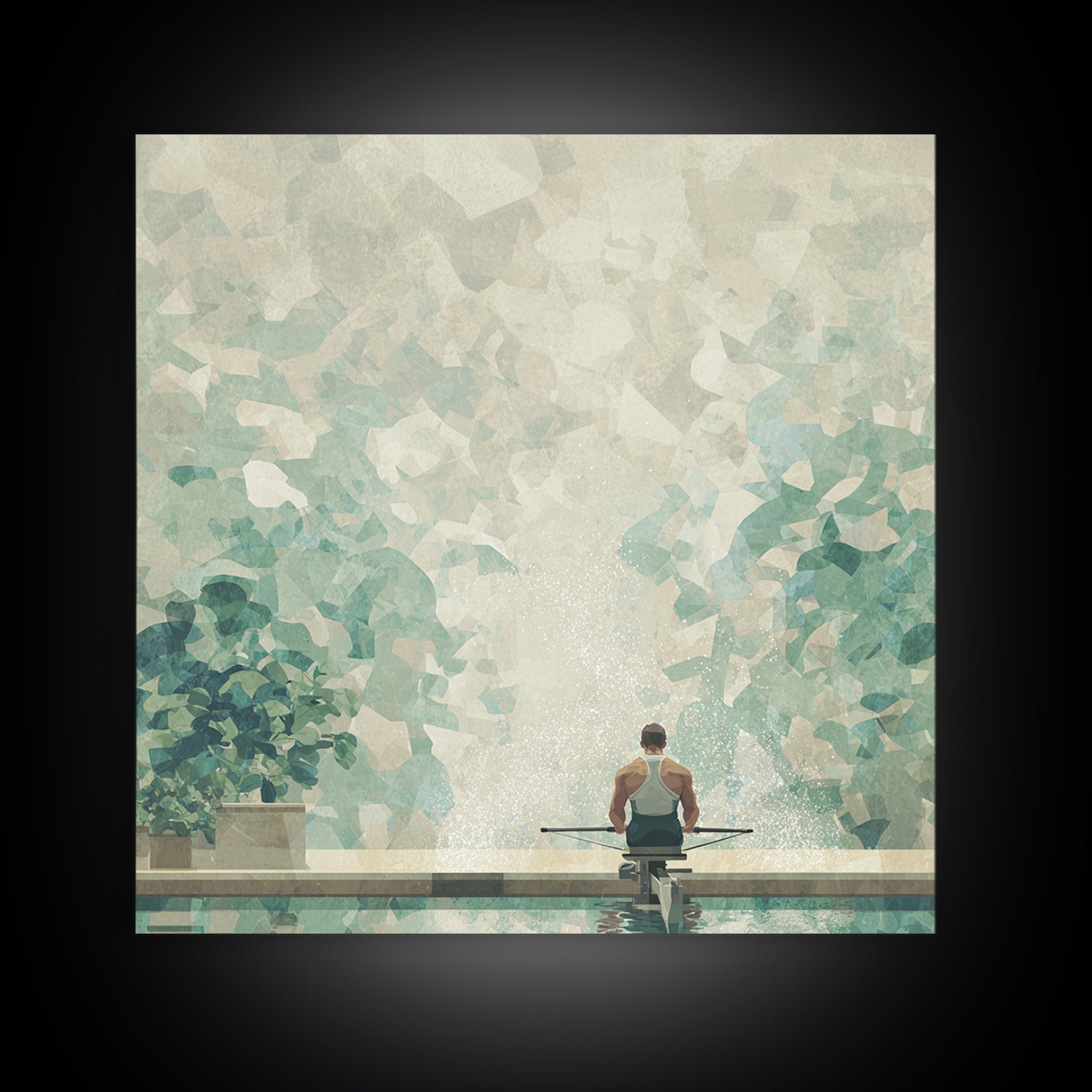 Rowing Athlete with Water Spray and Rhythm Framed Canvas Print, Gym Art, Boho Decor, Gym Decor, Oil Painting, Strength, GYM-1x1-61